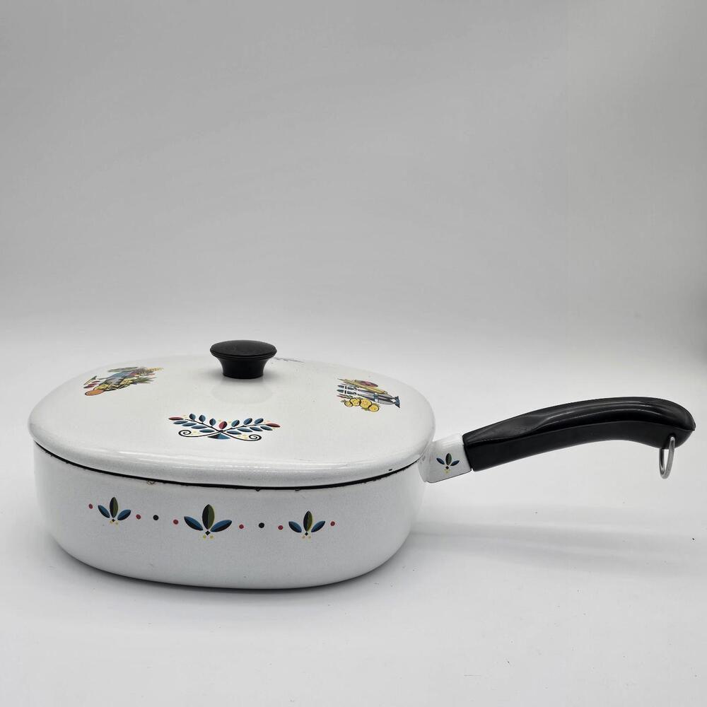 Vintage MCM Berggren AUTUMN HARVEST Painted Enamel Square Frying Pan 1960's USA